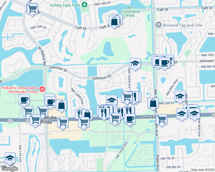 map of restaurants, bars, coffee shops, grocery stores, and more near 10561 Northwest 8th Street in Pembroke Pines
