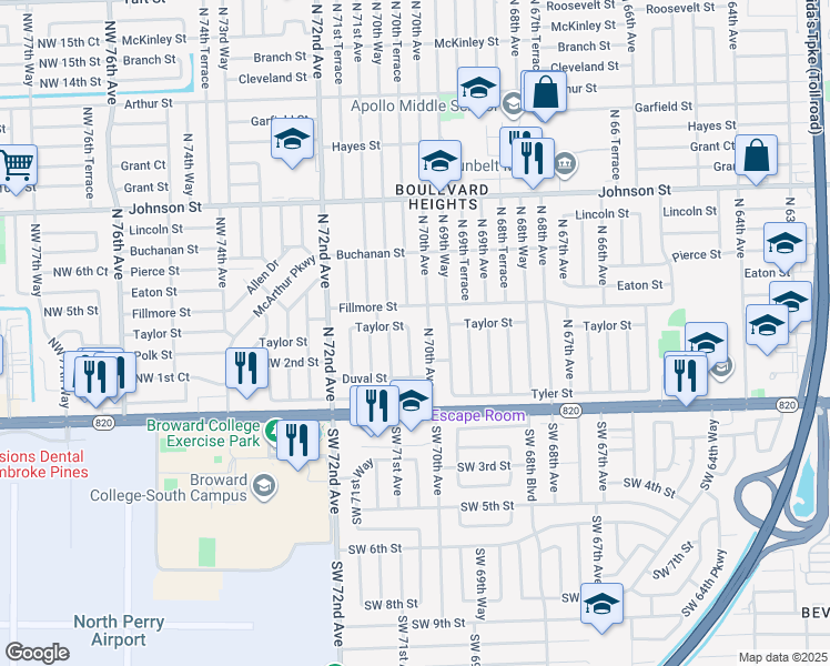 map of restaurants, bars, coffee shops, grocery stores, and more near 7040 Fillmore Street in Hollywood
