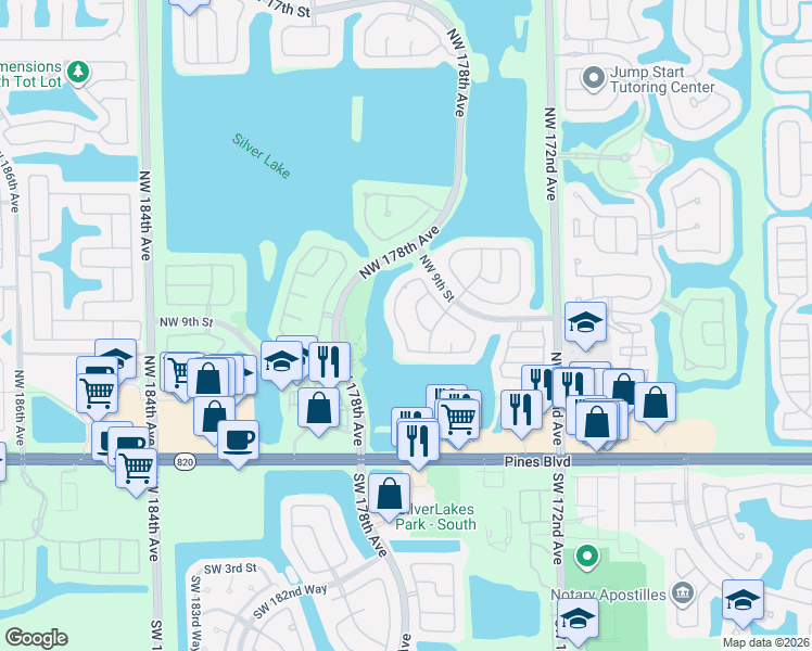 map of restaurants, bars, coffee shops, grocery stores, and more near 17525 Northwest 7th Court in Pembroke Pines