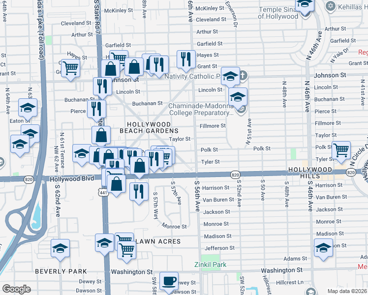 map of restaurants, bars, coffee shops, grocery stores, and more near 5614 Taylor Street in Hollywood