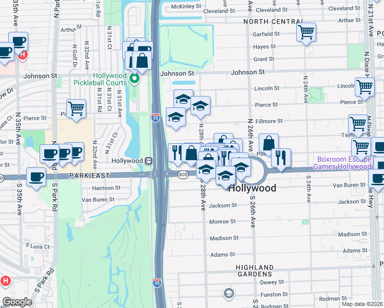 map of restaurants, bars, coffee shops, grocery stores, and more near 2826 Taylor Street in Hollywood