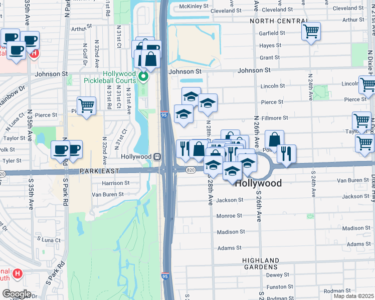 map of restaurants, bars, coffee shops, grocery stores, and more near 2826 Taylor Street in Hollywood