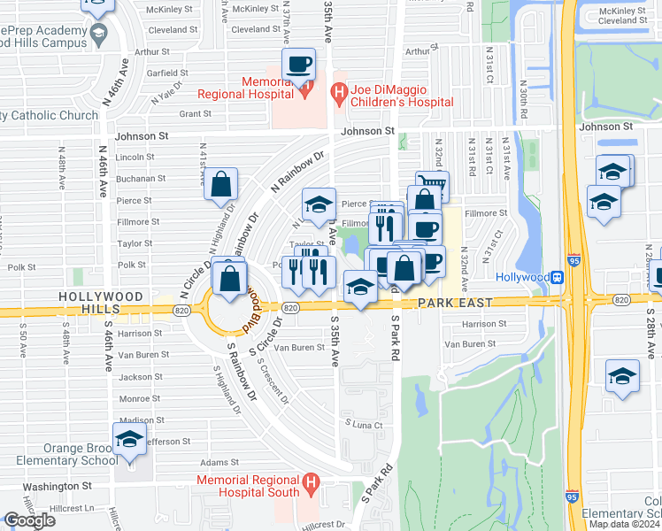 map of restaurants, bars, coffee shops, grocery stores, and more near 3518 Taylor Street in Hollywood