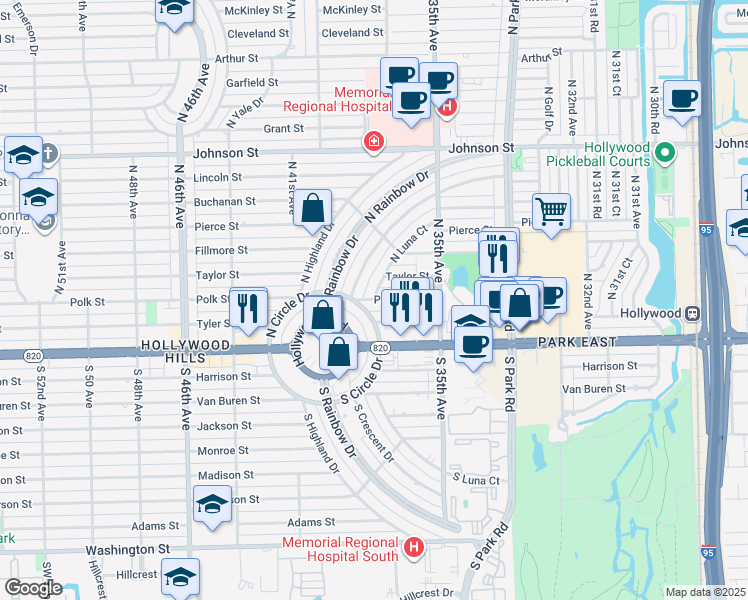map of restaurants, bars, coffee shops, grocery stores, and more near 3700 Taylor Street in Hollywood