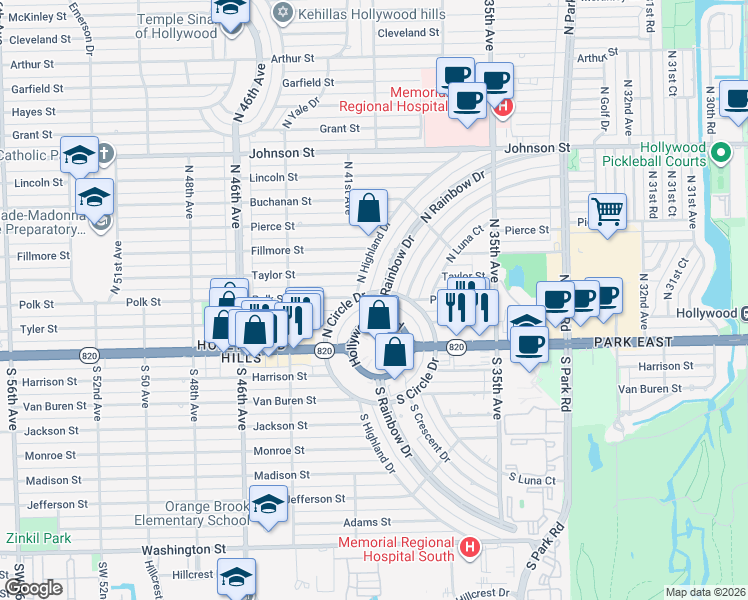 map of restaurants, bars, coffee shops, grocery stores, and more near 307 North Highland Drive in Hollywood
