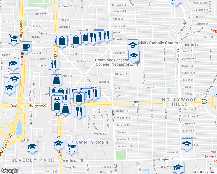 map of restaurants, bars, coffee shops, grocery stores, and more near 5614 Taylor Street in Hollywood
