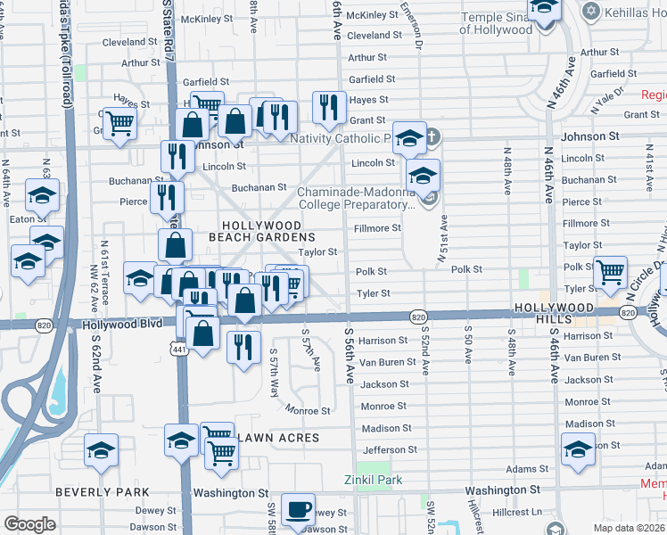map of restaurants, bars, coffee shops, grocery stores, and more near 5614 Taylor Street in Hollywood
