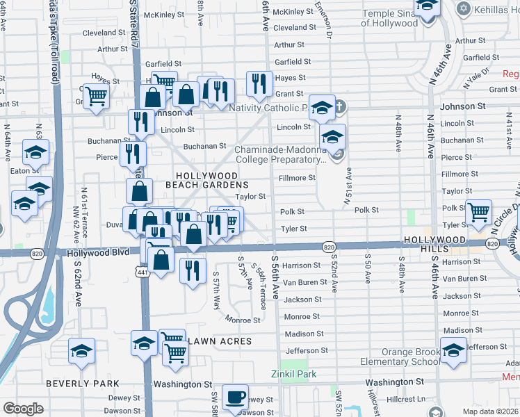 map of restaurants, bars, coffee shops, grocery stores, and more near 5614 Taylor Street in Hollywood