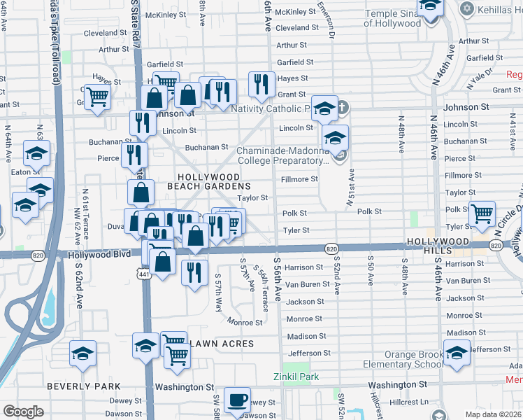 map of restaurants, bars, coffee shops, grocery stores, and more near 5614 Taylor Street in Hollywood