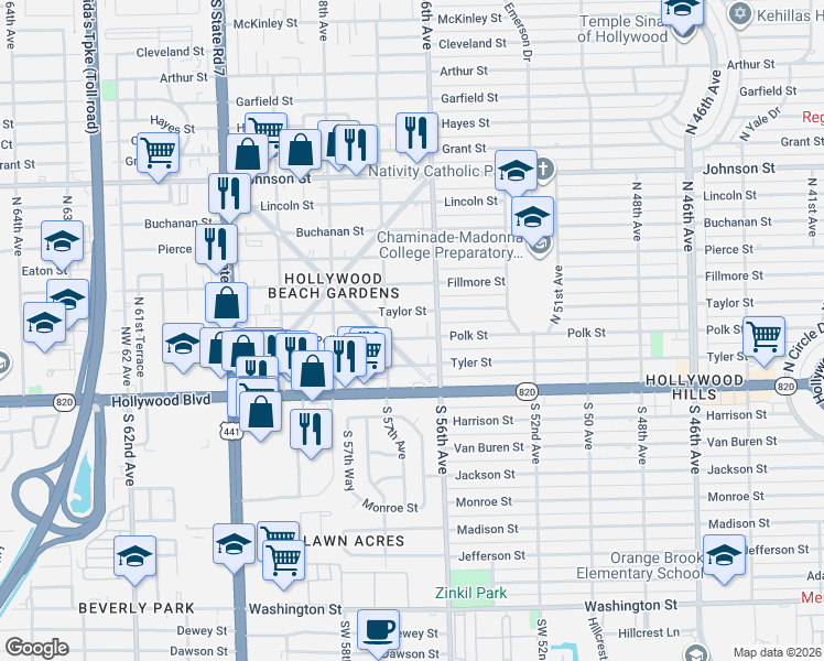 map of restaurants, bars, coffee shops, grocery stores, and more near 5614 Taylor Street in Hollywood