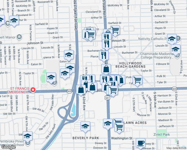 map of restaurants, bars, coffee shops, grocery stores, and more near 404 Northwest 60th Way in Hollywood