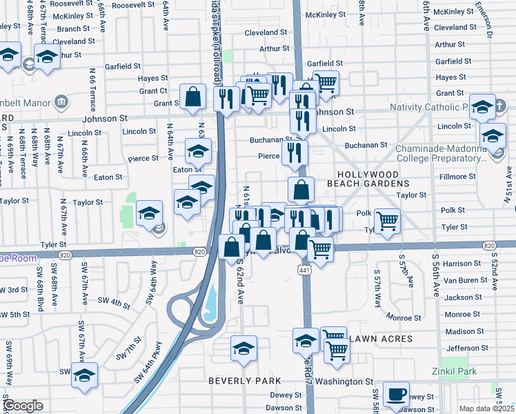 map of restaurants, bars, coffee shops, grocery stores, and more near 405 North 61st Terrace in Hollywood