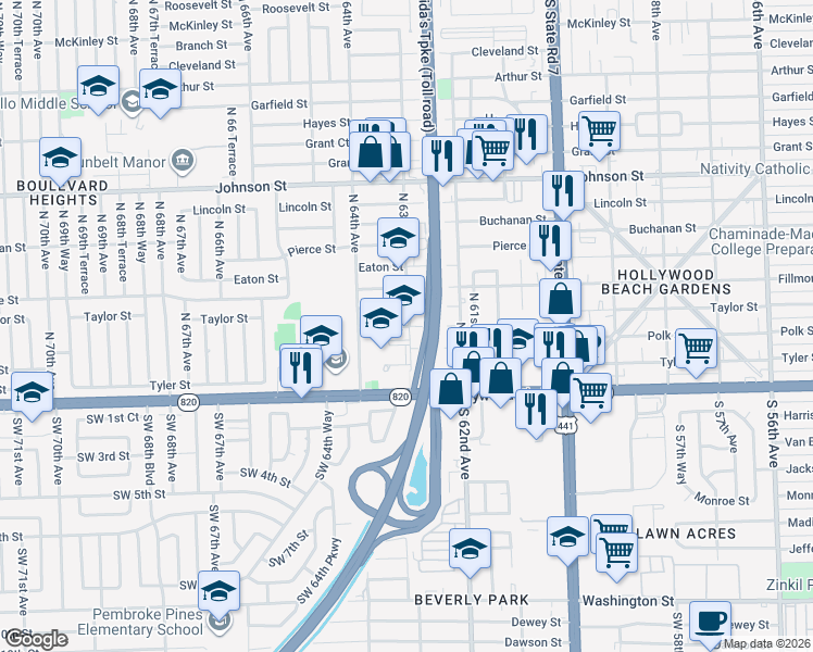map of restaurants, bars, coffee shops, grocery stores, and more near 6300 Taylor Street in Hollywood