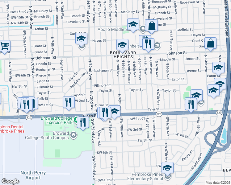 map of restaurants, bars, coffee shops, grocery stores, and more near 7040 Fillmore Street in Hollywood
