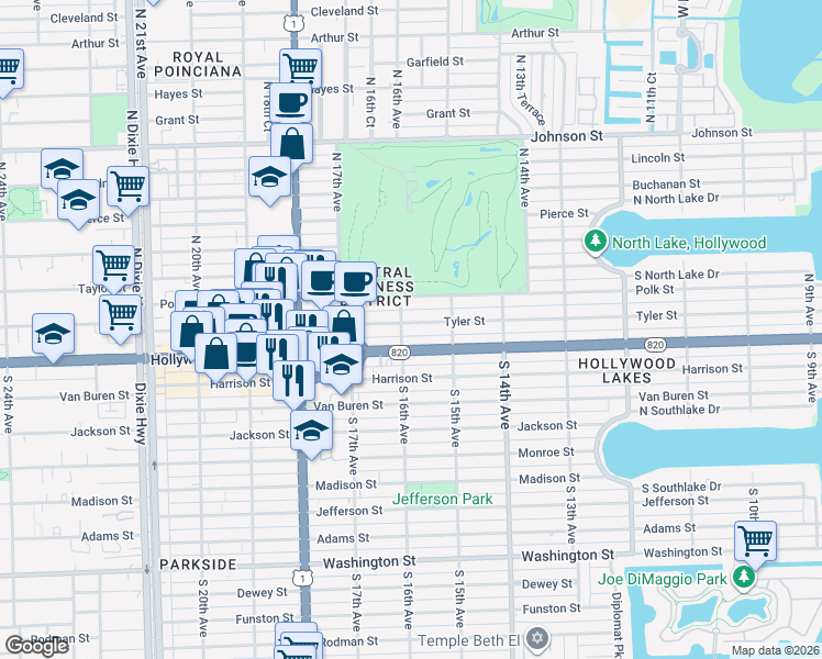 map of restaurants, bars, coffee shops, grocery stores, and more near 1550 Tyler Street in Hollywood