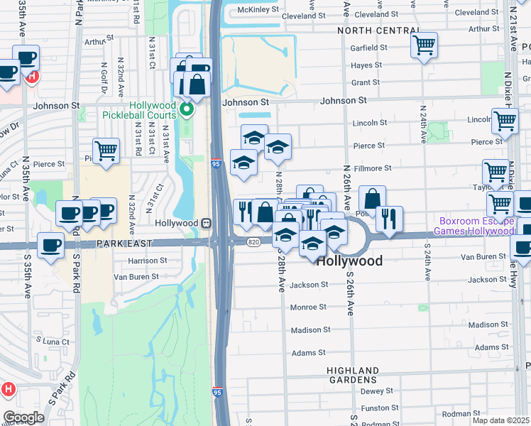 map of restaurants, bars, coffee shops, grocery stores, and more near 2826 Taylor Street in Hollywood