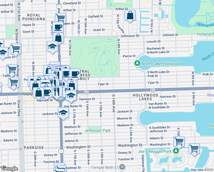 map of restaurants, bars, coffee shops, grocery stores, and more near 1421 Tyler Street in Hollywood