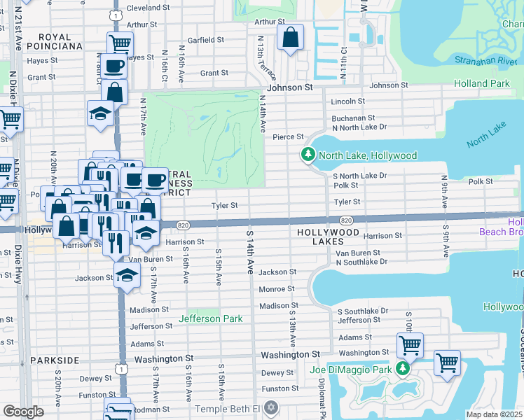 map of restaurants, bars, coffee shops, grocery stores, and more near 1345 Tyler Street in Hollywood