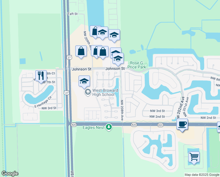 map of restaurants, bars, coffee shops, grocery stores, and more near 602 Northwest 208th Terrace in Pembroke Pines