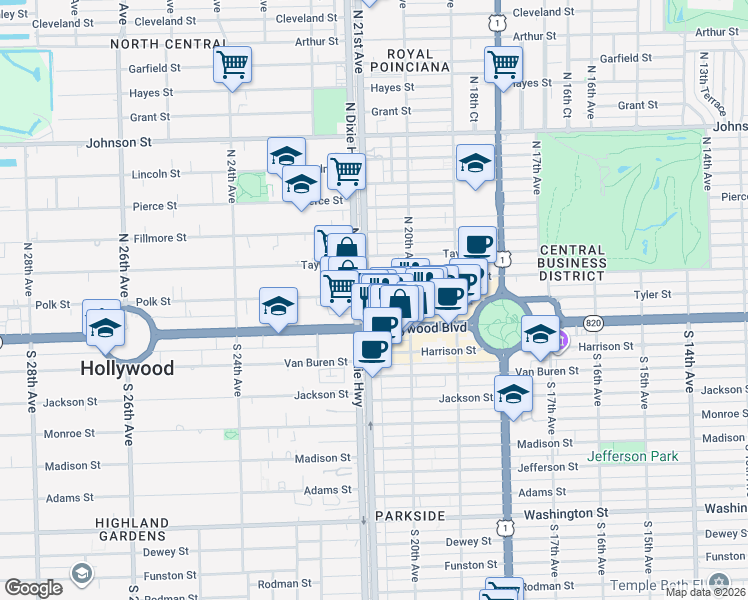 map of restaurants, bars, coffee shops, grocery stores, and more near 2030 Polk Street in Hollywood
