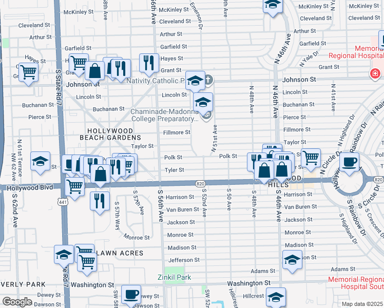 map of restaurants, bars, coffee shops, grocery stores, and more near 5400 Taylor Street in Hollywood