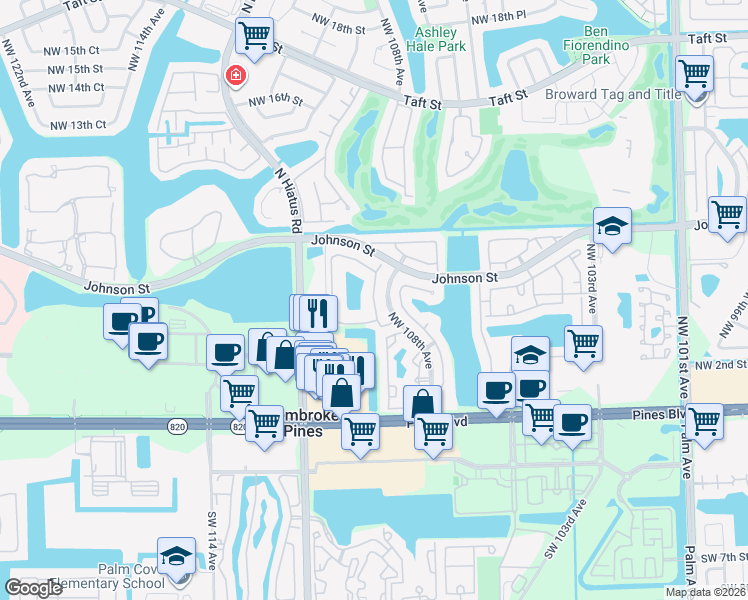 map of restaurants, bars, coffee shops, grocery stores, and more near 602 Northwest 108th Terrace in Pembroke Pines
