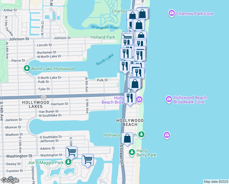 map of restaurants, bars, coffee shops, grocery stores, and more near 726 Tyler Street in Hollywood