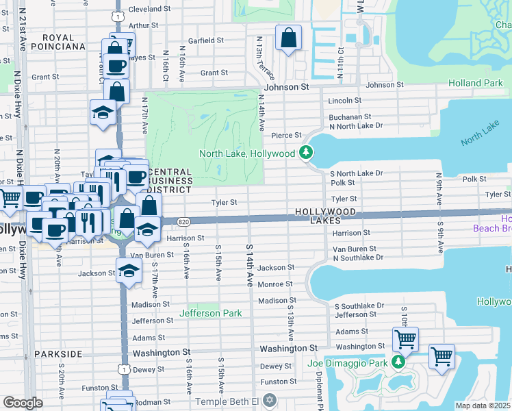map of restaurants, bars, coffee shops, grocery stores, and more near 1345 Tyler Street in Hollywood