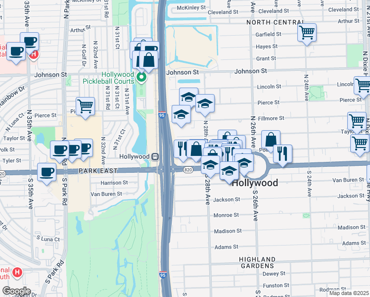 map of restaurants, bars, coffee shops, grocery stores, and more near 2826 Taylor Street in Hollywood