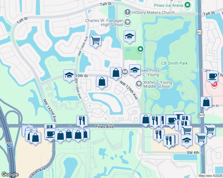map of restaurants, bars, coffee shops, grocery stores, and more near 861 Northwest 130th Avenue in Pembroke Pines
