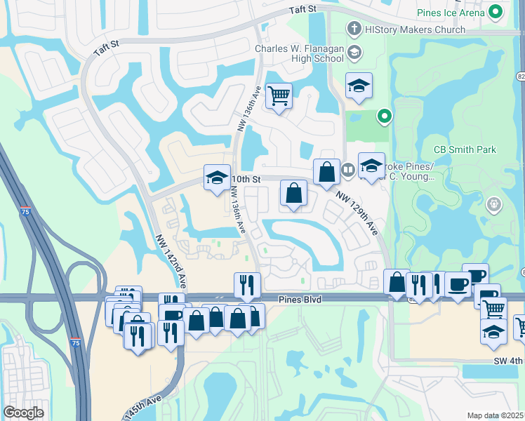 map of restaurants, bars, coffee shops, grocery stores, and more near 872 Northwest 134th Avenue in Pembroke Pines