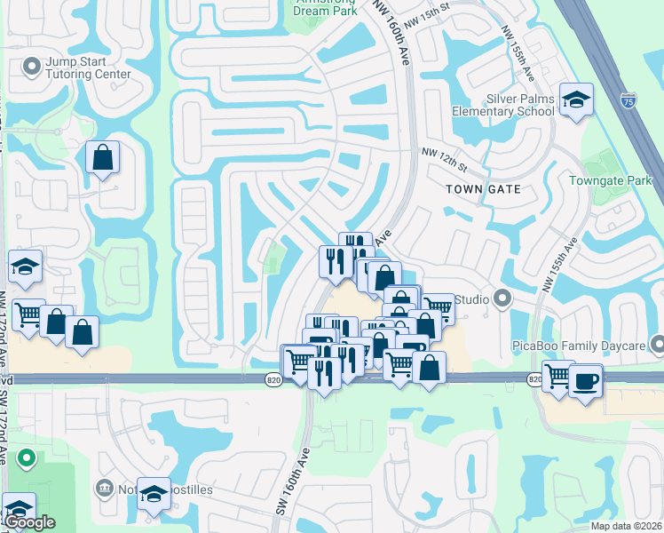 map of restaurants, bars, coffee shops, grocery stores, and more near 16143 Northwest 8th Drive in Pembroke Pines