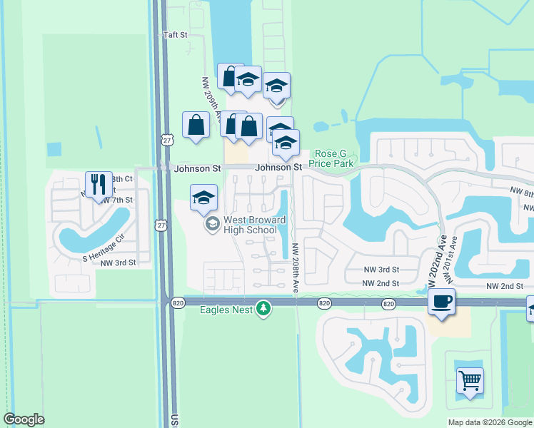 map of restaurants, bars, coffee shops, grocery stores, and more near 602 Northwest 208th Terrace in Pembroke Pines