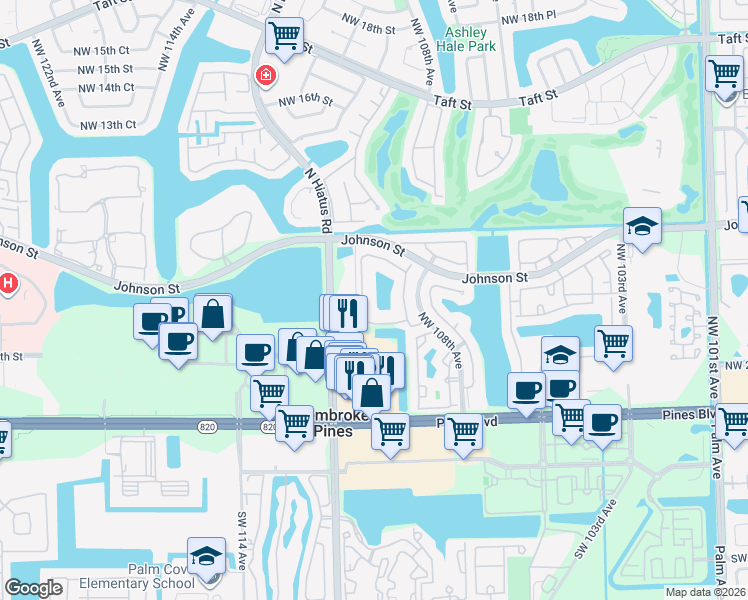 map of restaurants, bars, coffee shops, grocery stores, and more near 393 Northwest 108th Terrace in Pembroke Pines