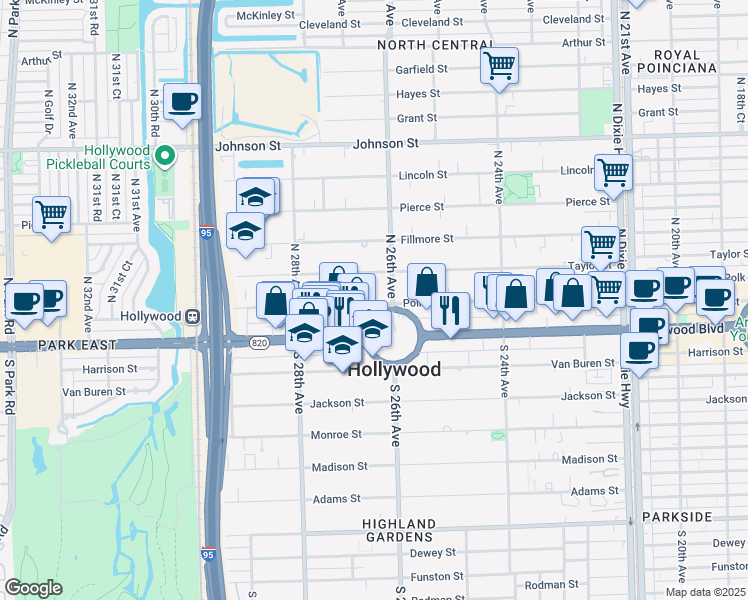 map of restaurants, bars, coffee shops, grocery stores, and more near 2615 Polk Street in Hollywood