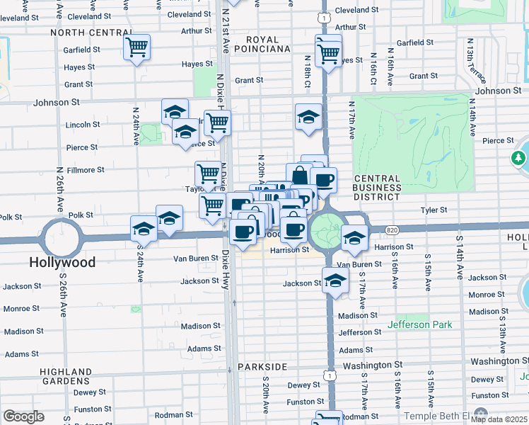 map of restaurants, bars, coffee shops, grocery stores, and more near 1942 Polk Street in Hollywood