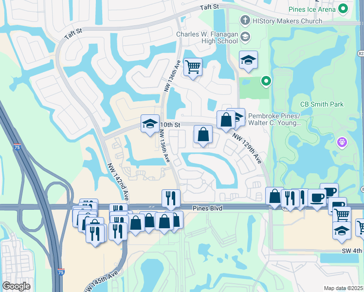 map of restaurants, bars, coffee shops, grocery stores, and more near 872 Northwest 134th Avenue in Pembroke Pines