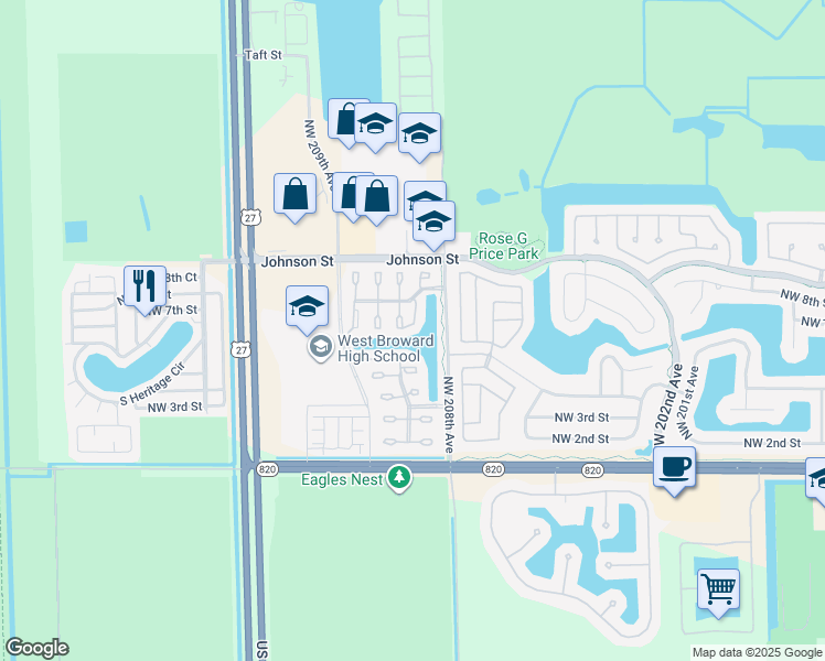map of restaurants, bars, coffee shops, grocery stores, and more near 602 Northwest 208th Terrace in Pembroke Pines