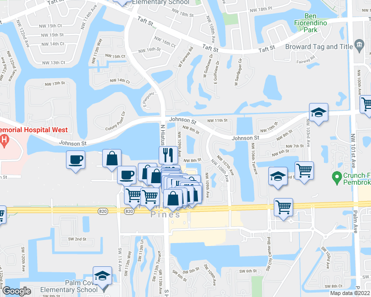 map of restaurants, bars, coffee shops, grocery stores, and more near 415 Northwest 109th Avenue in Pembroke Pines