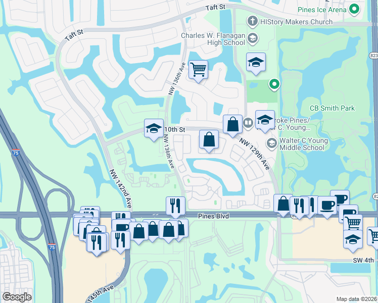 map of restaurants, bars, coffee shops, grocery stores, and more near 872 Northwest 134th Avenue in Pembroke Pines