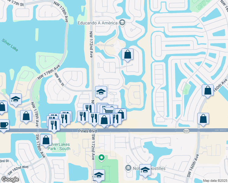 map of restaurants, bars, coffee shops, grocery stores, and more near 839 Northwest 170th Terrace in Pembroke Pines