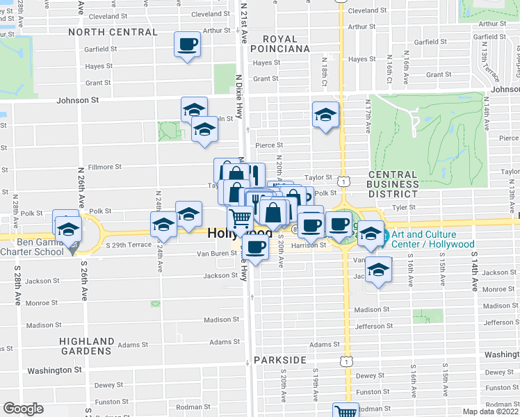 map of restaurants, bars, coffee shops, grocery stores, and more near 2030 Polk Street in Hollywood