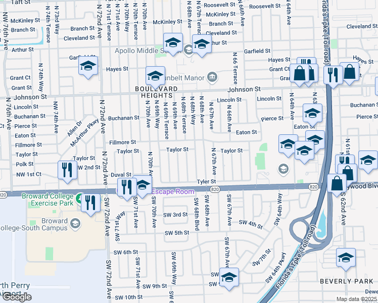 map of restaurants, bars, coffee shops, grocery stores, and more near 6831 Taylor Street in Hollywood
