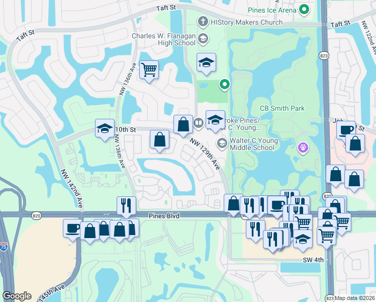 map of restaurants, bars, coffee shops, grocery stores, and more near 637 Northwest 129th Way in Pembroke Pines