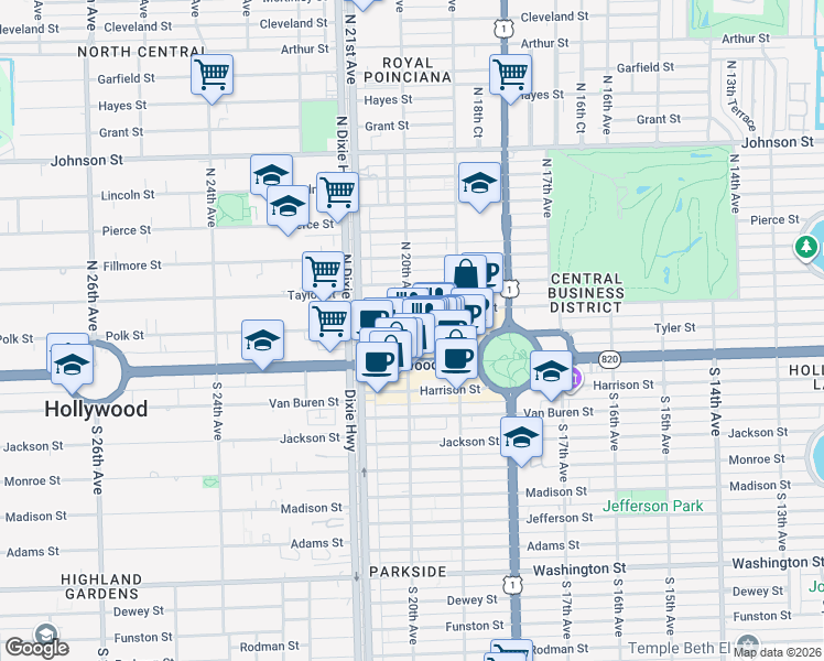 map of restaurants, bars, coffee shops, grocery stores, and more near 1942 Polk Street in Hollywood
