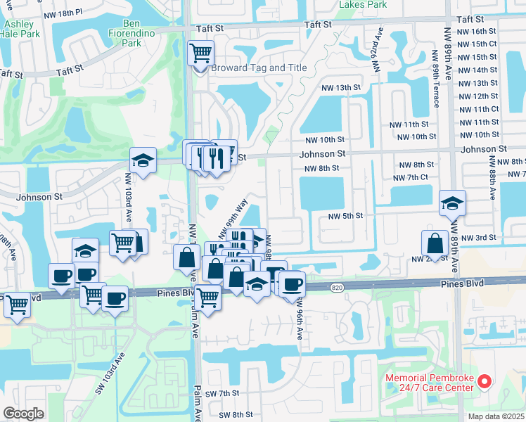 map of restaurants, bars, coffee shops, grocery stores, and more near 530 Northwest 98th Avenue in Pembroke Pines