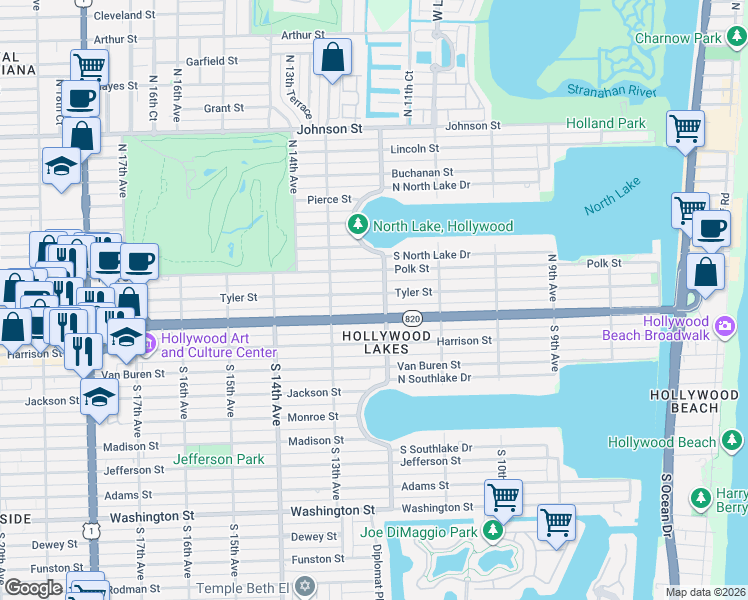map of restaurants, bars, coffee shops, grocery stores, and more near 1231 Tyler Street in Hollywood