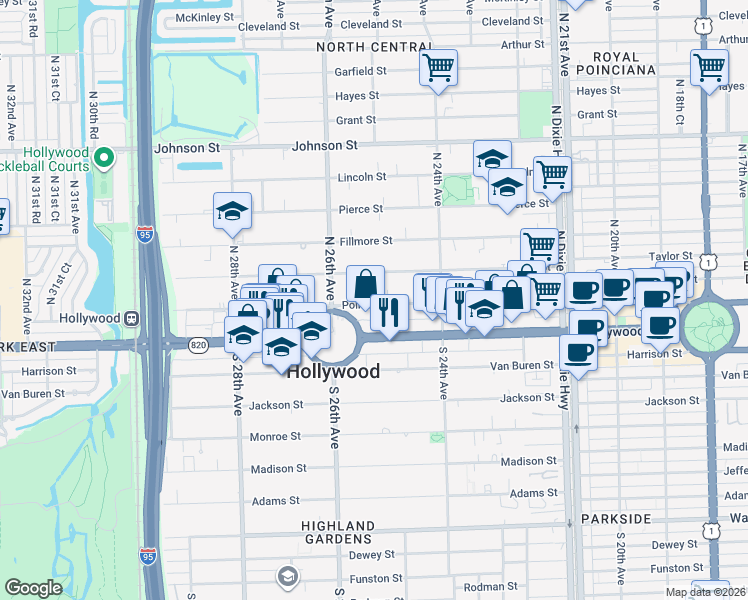 map of restaurants, bars, coffee shops, grocery stores, and more near 2461 Polk Street in Hollywood