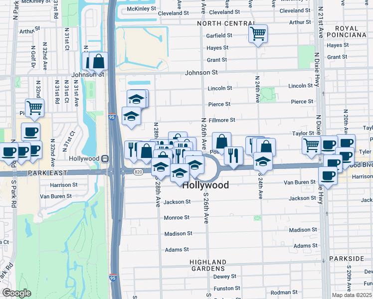 map of restaurants, bars, coffee shops, grocery stores, and more near 2700 Taylor Street in Hollywood