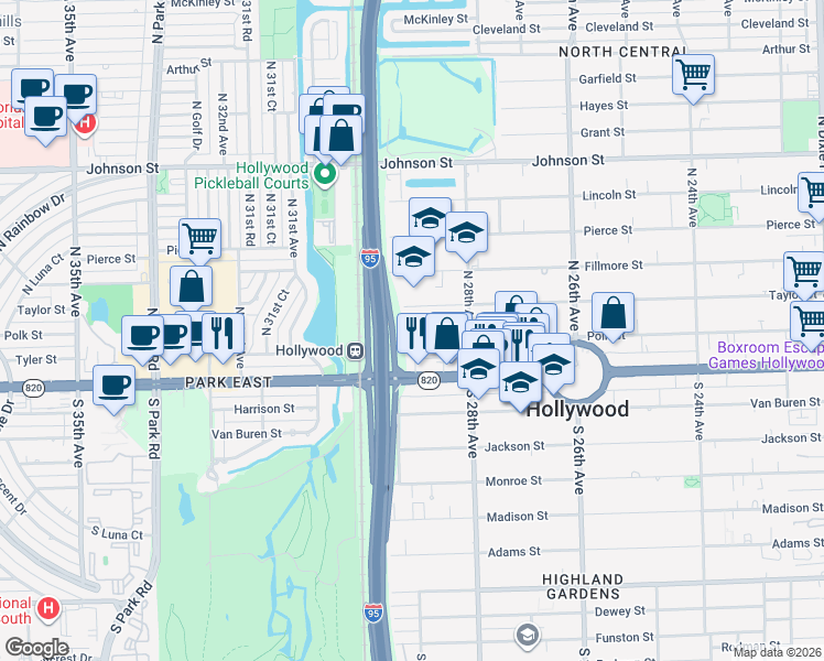 map of restaurants, bars, coffee shops, grocery stores, and more near 2900 Taylor Street in Hollywood